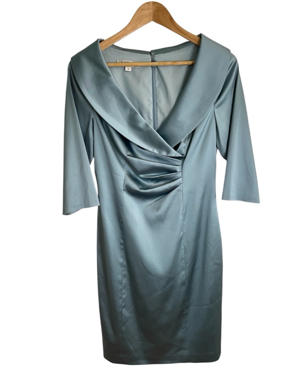 Kay Unger Elegant Dusty Blue Satin Cocktail Dress with Draped Bodice Size 8
